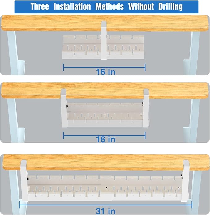 No Drilling Under Desk Cable Management, Metal Cable Management Tray Under Desk with Clamp, Retractable Power Strip Cord Holder for Wire Management 31Inch (2 Pack White) | Cable Raceways - TrueDesk