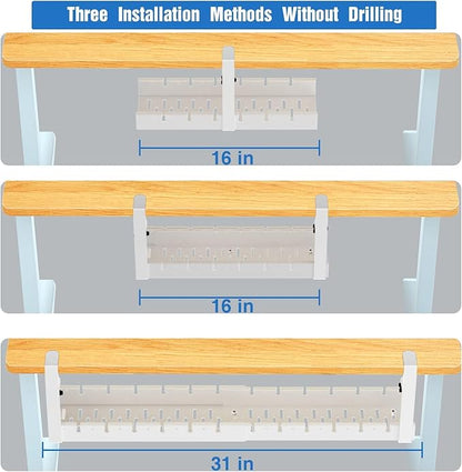 No Drilling Under Desk Cable Management, Metal Cable Management Tray Under Desk with Clamp, Retractable Power Strip Cord Holder for Wire Management 31Inch (2 Pack White) | Cable Raceways - TrueDesk