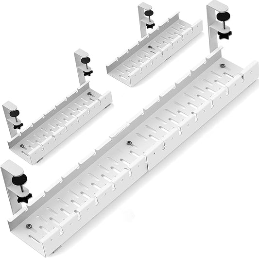 No Drilling Under Desk Cable Management, Metal Cable Management Tray Under Desk with Clamp, Retractable Power Strip Cord Holder for Wire Management 31Inch (2 Pack White) | Cable Raceways - TrueDesk