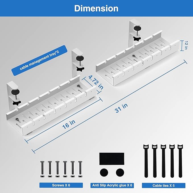 No Drilling Under Desk Cable Management, Metal Cable Management Tray Under Desk with Clamp, Retractable Power Strip Cord Holder for Wire Management 31Inch (2 Pack White) | Cable Raceways - TrueDesk