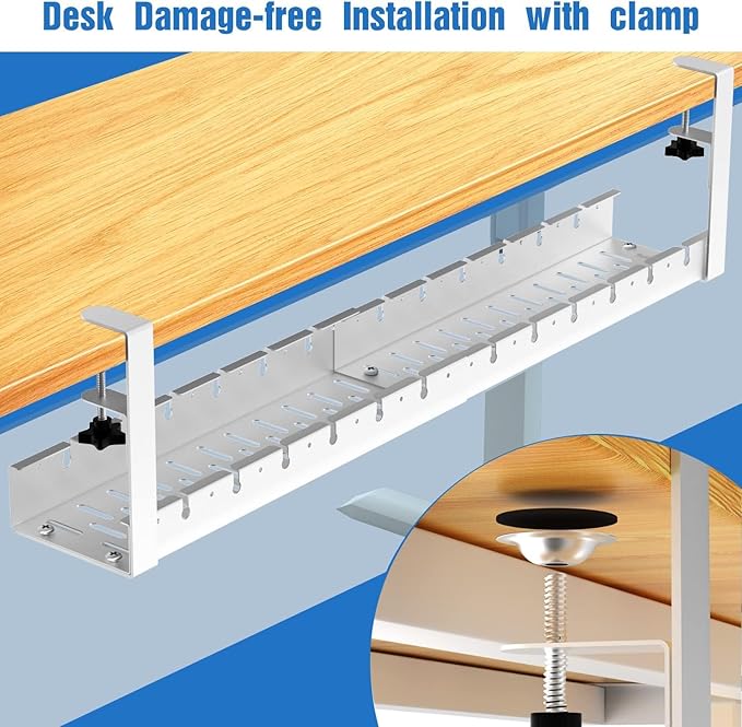 No Drilling Under Desk Cable Management, Metal Cable Management Tray Under Desk with Clamp, Retractable Power Strip Cord Holder for Wire Management 31Inch (2 Pack White) | Cable Raceways - TrueDesk