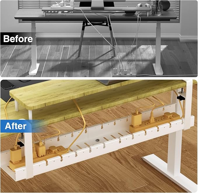 No Drilling Under Desk Cable Management, Metal Cable Management Tray Under Desk with Clamp, Retractable Power Strip Cord Holder for Wire Management 31Inch (2 Pack White) | Cable Raceways - TrueDesk