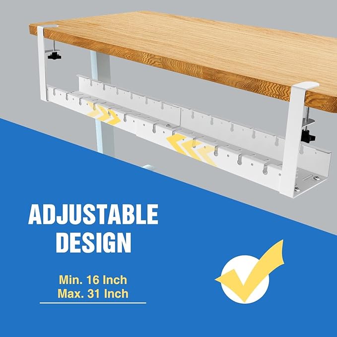 No Drilling Under Desk Cable Management, Metal Cable Management Tray Under Desk with Clamp, Retractable Power Strip Cord Holder for Wire Management 31Inch (2 Pack White) | Cable Raceways - TrueDesk