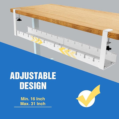 No Drilling Under Desk Cable Management, Metal Cable Management Tray Under Desk with Clamp, Retractable Power Strip Cord Holder for Wire Management 31Inch (2 Pack White) | Cable Raceways - TrueDesk