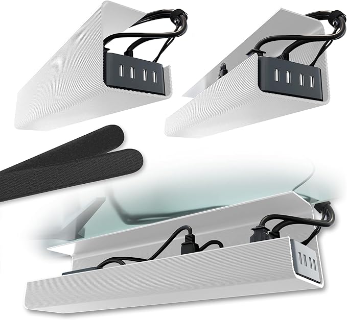 No - Screw Under Desk Cable Management Tray - Self - Adhesive Installation, Cord Management, Cable Tray, Under Desk Wire Organizer - White Set of 2 | Cable Raceways - TrueDesk