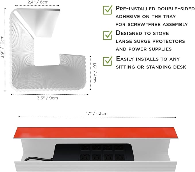 No - Screw Under Desk Cable Management Tray - Self - Adhesive Installation, Cord Management, Cable Tray, Under Desk Wire Organizer - White Set of 2 | Cable Raceways - TrueDesk