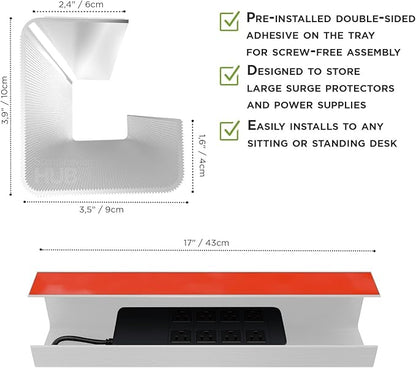 No - Screw Under Desk Cable Management Tray - Self - Adhesive Installation, Cord Management, Cable Tray, Under Desk Wire Organizer - White Set of 2 | Cable Raceways - TrueDesk