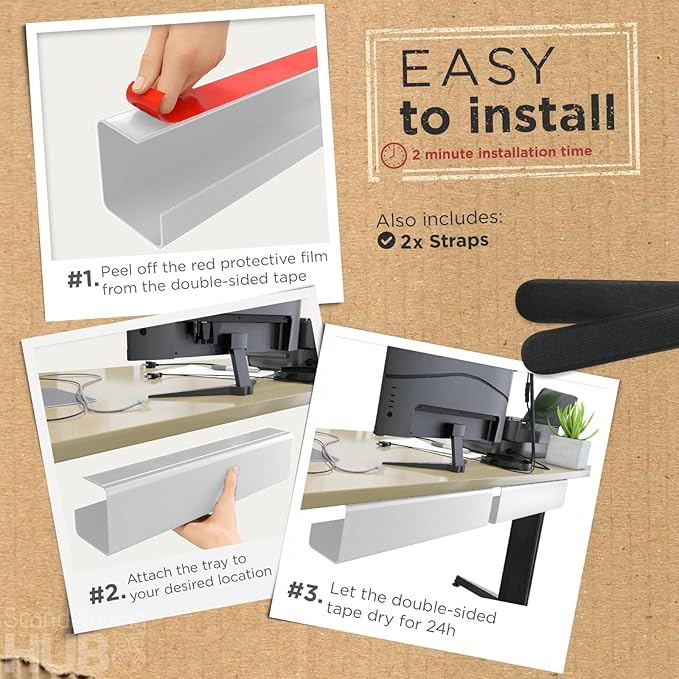 No - Screw Under Desk Cable Management Tray - Self - Adhesive Installation, Cord Management, Cable Tray, Under Desk Wire Organizer - White Set of 2 | Cable Raceways - TrueDesk