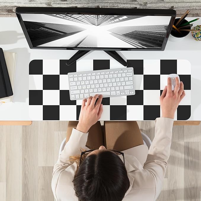 Non - Slip Checkered Desk Mat, Waterproof PU Leather Protector, Large Blotter, Easy Clean Laptop Writing Mat for Work/Home/Decor (31.5"x12", White Black) | Mouse Pads - TrueDesk