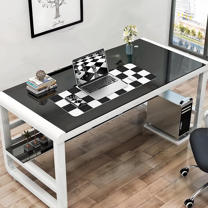 Non - Slip Checkered Desk Mat, Waterproof PU Leather Protector, Large Blotter, Easy Clean Laptop Writing Mat for Work/Home/Decor (31.5"x12", White Black) | Mouse Pads - TrueDesk