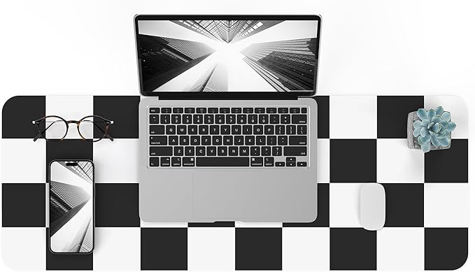 Non - Slip Checkered Desk Mat, Waterproof PU Leather Protector, Large Blotter, Easy Clean Laptop Writing Mat for Work/Home/Decor (31.5"x12", White Black) | Mouse Pads - TrueDesk