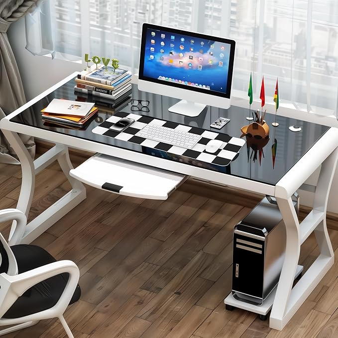 Non - Slip Checkered Desk Mat, Waterproof PU Leather Protector, Large Blotter, Easy Clean Laptop Writing Mat for Work/Home/Decor (31.5"x12", White Black) | Mouse Pads - TrueDesk
