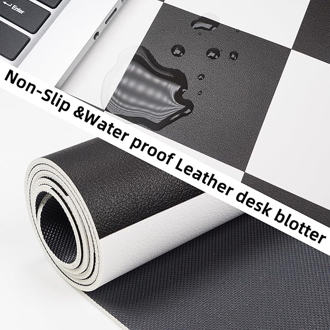 Non - Slip Checkered Desk Mat, Waterproof PU Leather Protector, Large Blotter, Easy Clean Laptop Writing Mat for Work/Home/Decor (31.5"x12", White Black) | Mouse Pads - TrueDesk
