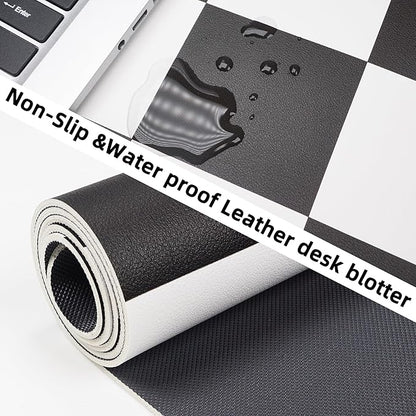 Non - Slip Checkered Desk Mat, Waterproof PU Leather Protector, Large Blotter, Easy Clean Laptop Writing Mat for Work/Home/Decor (31.5"x12", White Black) | Mouse Pads - TrueDesk