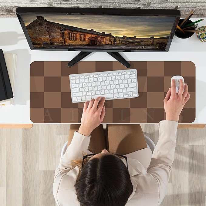 Non - Slip Checkered Desk Mat, Waterproof PU Leather Protector, Large Blotter, Easy Clean Laptop Writing Mat for Work/Home/Decor (Brown 31.5" x 12") | Mouse Pads - TrueDesk