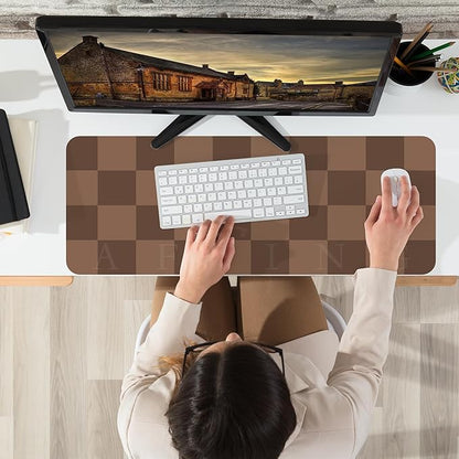 Non - Slip Checkered Desk Mat, Waterproof PU Leather Protector, Large Blotter, Easy Clean Laptop Writing Mat for Work/Home/Decor (Brown 31.5" x 12") | Mouse Pads - TrueDesk