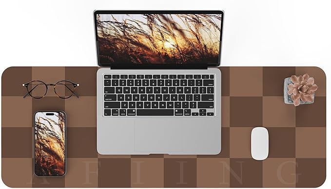 Non - Slip Checkered Desk Mat, Waterproof PU Leather Protector, Large Blotter, Easy Clean Laptop Writing Mat for Work/Home/Decor (Brown 31.5" x 12") | Mouse Pads - TrueDesk
