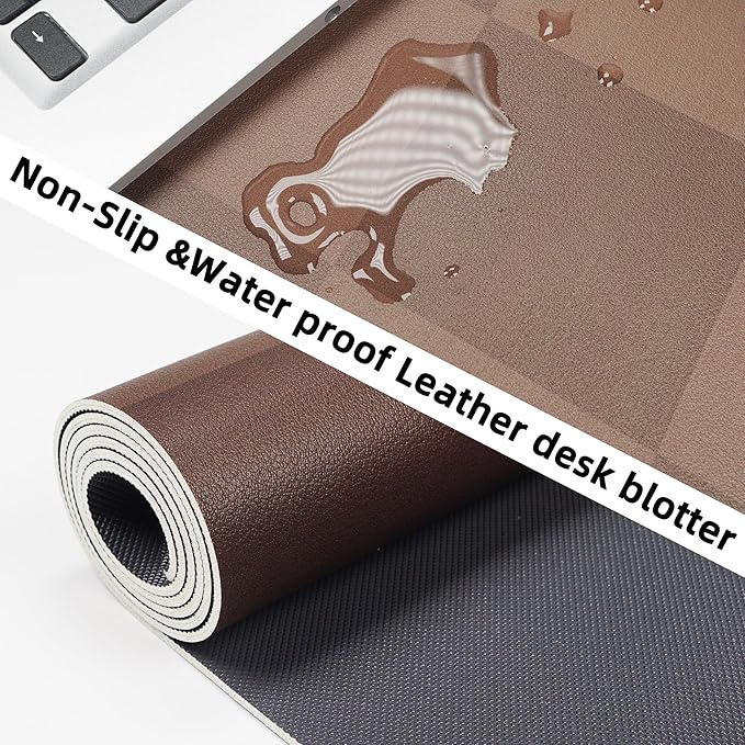 Non - Slip Checkered Desk Mat, Waterproof PU Leather Protector, Large Blotter, Easy Clean Laptop Writing Mat for Work/Home/Decor (Brown 31.5" x 12") | Mouse Pads - TrueDesk