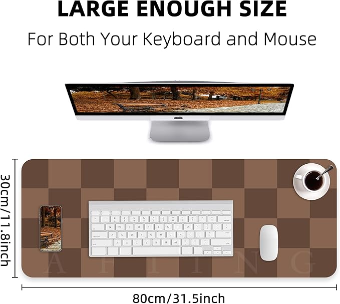 Non - Slip Checkered Desk Mat, Waterproof PU Leather Protector, Large Blotter, Easy Clean Laptop Writing Mat for Work/Home/Decor (Brown 31.5" x 12") | Mouse Pads - TrueDesk