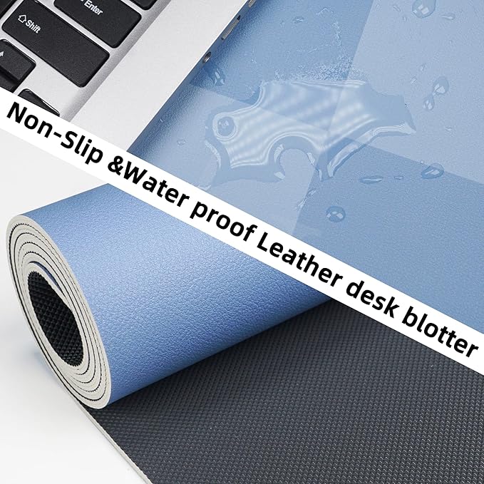 Non - Slip Desk Pad, Waterproof PU Leather Protector, Easy Clean Laptop Mat for Work/Home/Decor (Light Blue, 31.5" x 12" | Mouse Pads - TrueDesk
