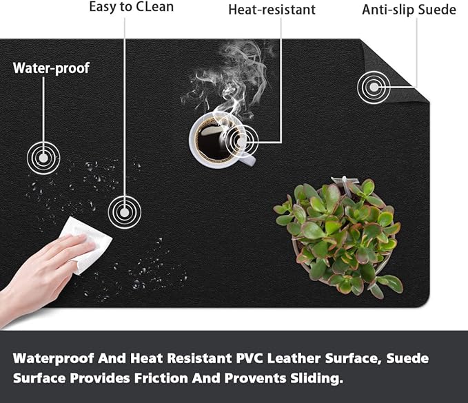Non - Slip Desk Pad Waterproof PVC Leather Desk Table Protector on Top of Desks Large Mouse Pad Easy Clean Computer Keyboard Laptop Desk Writing Mat for Office Home Decor (Black, 17" x 36") | Desk Pads Blotters - TrueDesk