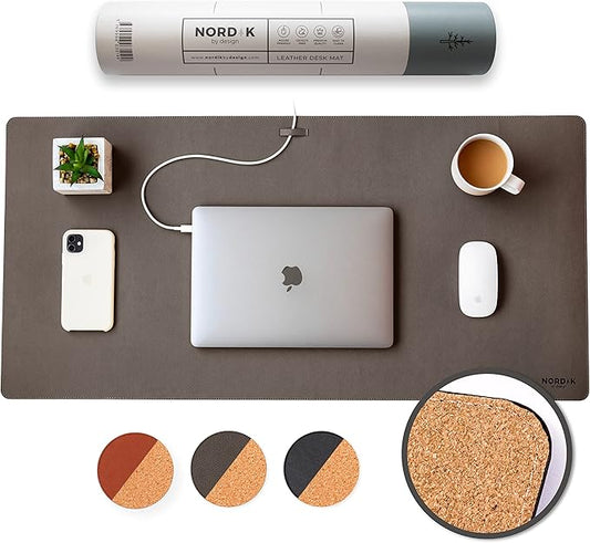 Nordik Cork Leather Desk Mat Cable Organizer - Gunmetal Grey 35 X 17 inch - Premium Extended Mouse Mat for Home Office Accessories - Non - Slip Vegan Leather Desk Pad Protector & Desk Blotter Pad | Desk Pads Blotters - TrueDesk