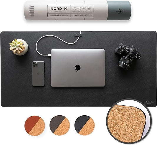 Nordik Cork Leather Desk Mat Cable Organizer (Pebble Black 35 X 17 inch) Premium Extended Mouse Mat for Home Office Accessories - Non - Slip Vegan Leather Desk Pad Protector & Desk Blotter Pad | Desk Pads Blotters - TrueDesk