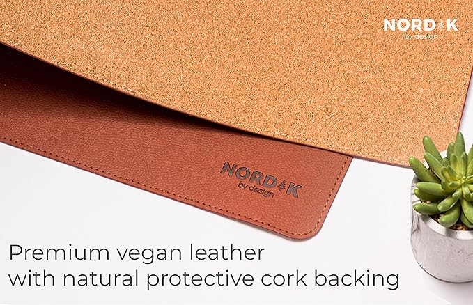 Nordik Cork Leather Desk Mat Cable Organizer - Saddle Brown 35 X 17 inch - Premium Extended Mouse Mat for Home Office Accessories - Non - Slip Vegan Leather Desk Pad Protector & Desk Blotter Pad | Desk Pads Blotters - TrueDesk