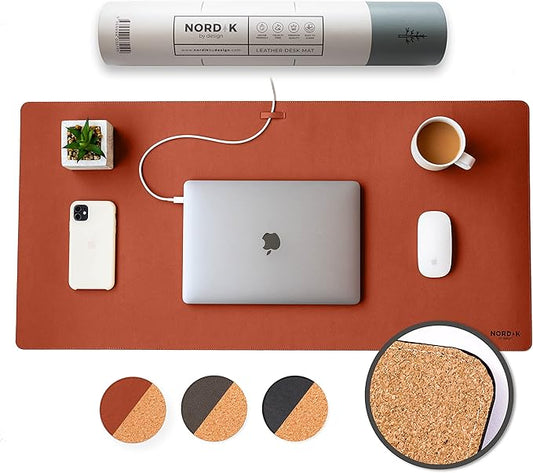 Nordik Cork Leather Desk Mat Cable Organizer - Saddle Brown 35 X 17 inch - Premium Extended Mouse Mat for Home Office Accessories - Non - Slip Vegan Leather Desk Pad Protector & Desk Blotter Pad | Desk Pads Blotters - TrueDesk