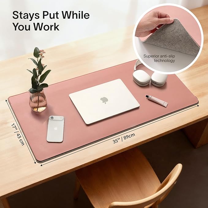 Nordik Felt and Leather Desk Mat - Desert Blush Pink - 35x17 Inch Felt and Vegan Leather Desk Blotter with Document Hideaway - Large Computer Mats for Desktop - Ideal Keyboard Mat for Office and Home | Desk Pads Blotters - TrueDesk