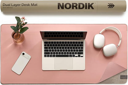 Nordik Felt and Leather Desk Mat - Desert Blush Pink - 35x17 Inch Felt and Vegan Leather Desk Blotter with Document Hideaway - Large Computer Mats for Desktop - Ideal Keyboard Mat for Office and Home | Desk Pads Blotters - TrueDesk