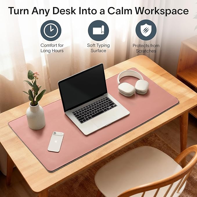 Nordik Felt and Leather Desk Mat - Desert Blush Pink - 35x17 Inch Felt and Vegan Leather Desk Blotter with Document Hideaway - Large Computer Mats for Desktop - Ideal Keyboard Mat for Office and Home | Desk Pads Blotters - TrueDesk