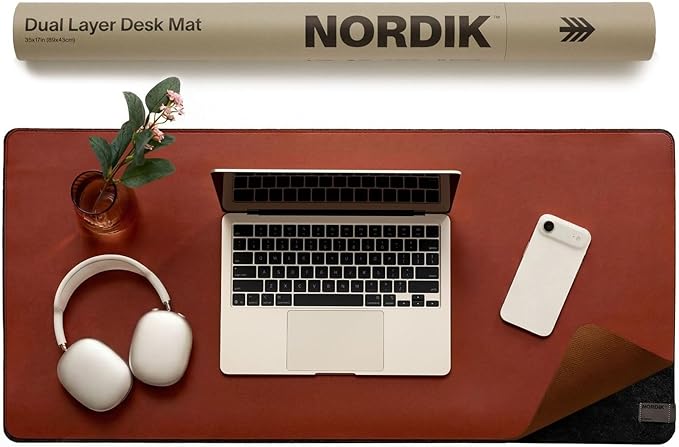 Nordik Felt and Leather Desk Mat - Emberwood Brown - 35x17 Inch Felt and Vegan Leather Desk Blotter with Document Hideaway - Large Computer Mats for Desktop - Ideal Keyboard Mat for Office and Home | Desk Pads Blotters - TrueDesk
