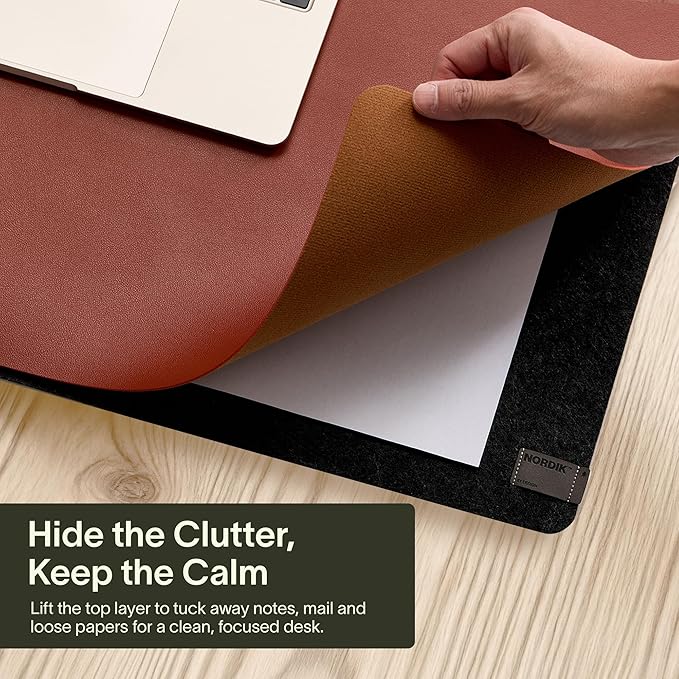 Nordik Felt and Leather Desk Mat - Emberwood Brown - 35x17 Inch Felt and Vegan Leather Desk Blotter with Document Hideaway - Large Computer Mats for Desktop - Ideal Keyboard Mat for Office and Home | Desk Pads Blotters - TrueDesk