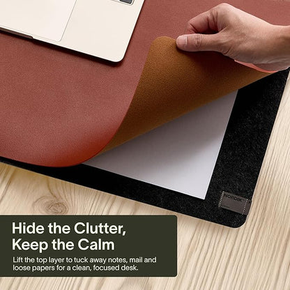 Nordik Felt and Leather Desk Mat - Emberwood Brown - 35x17 Inch Felt and Vegan Leather Desk Blotter with Document Hideaway - Large Computer Mats for Desktop - Ideal Keyboard Mat for Office and Home | Desk Pads Blotters - TrueDesk