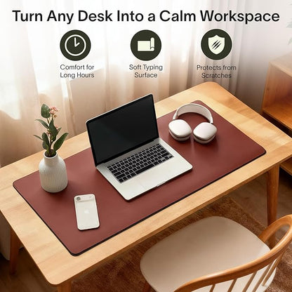 Nordik Felt and Leather Desk Mat - Emberwood Brown - 35x17 Inch Felt and Vegan Leather Desk Blotter with Document Hideaway - Large Computer Mats for Desktop - Ideal Keyboard Mat for Office and Home | Desk Pads Blotters - TrueDesk
