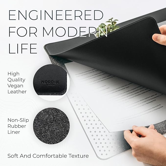 Nordik Felt and Leather Desk Mat Non - Slip - Black - 35 X 17 Inch - Felt and Vegan Leather Desk Pad - Document Organizers - Desk Blotter and Desktop Mat - Desk Protector Laptop Desk Matt for Desktop | Desk Pads Blotters - TrueDesk