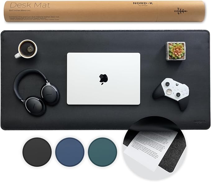 Nordik Felt and Leather Desk Mat Non - Slip - Black - 35 X 17 Inch - Felt and Vegan Leather Desk Pad - Document Organizers - Desk Blotter and Desktop Mat - Desk Protector Laptop Desk Matt for Desktop | Desk Pads Blotters - TrueDesk