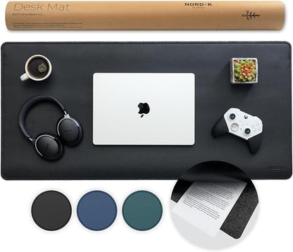 Nordik Felt and Leather Desk Mat Non - Slip - Black - 35 X 17 Inch - Felt and Vegan Leather Desk Pad - Document Organizers - Desk Blotter and Desktop Mat - Desk Protector Laptop Desk Matt for Desktop | Desk Pads Blotters - TrueDesk
