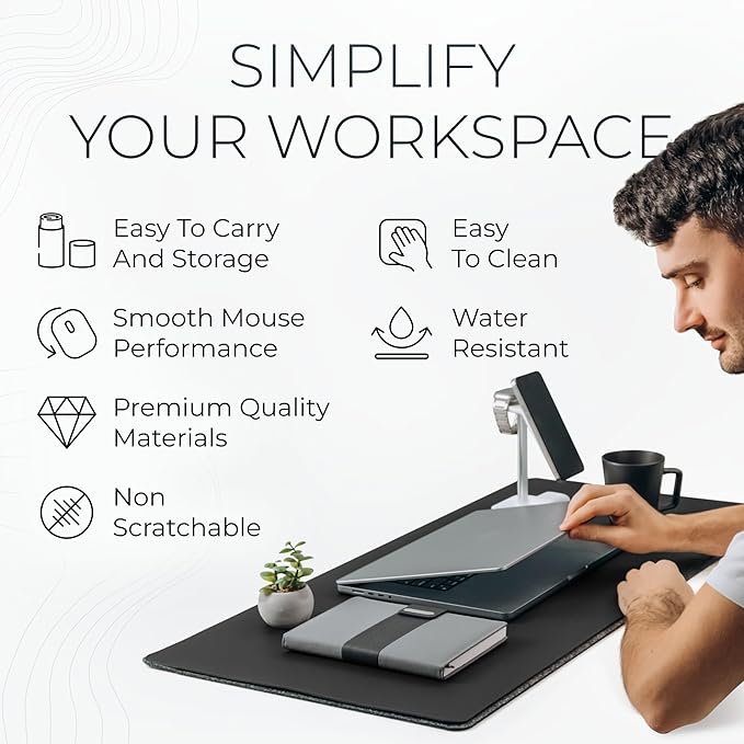 Nordik Felt and Leather Desk Mat Non - Slip - Black - 35 X 17 Inch - Felt and Vegan Leather Desk Pad - Document Organizers - Desk Blotter and Desktop Mat - Desk Protector Laptop Desk Matt for Desktop | Desk Pads Blotters - TrueDesk