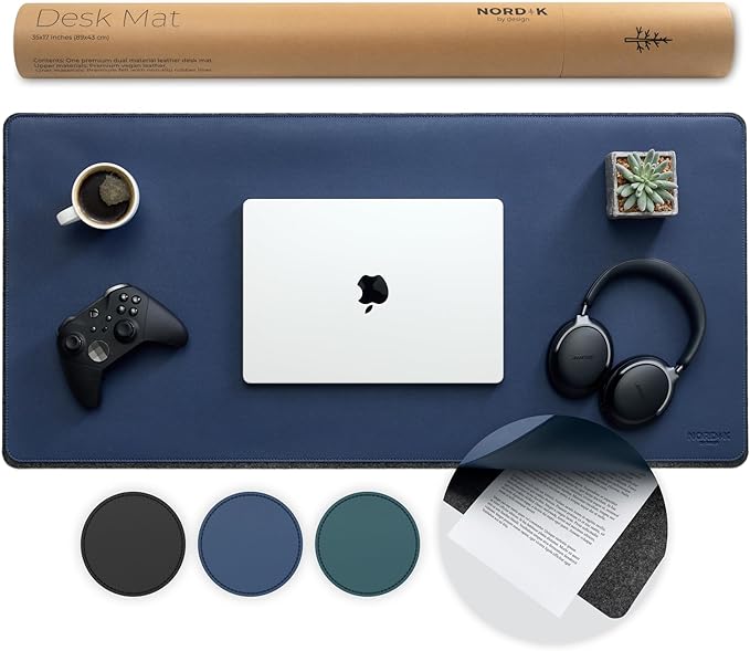 Nordik Felt and Leather Desk Mat Non - Slip - Blue - 35 X 17 Inch - Felt and Vegan Leather Desk Pad - Document Organizers - Desk Blotter and Desktop Mat - Desk Protector Laptop Desk Matt for Desktop | Desk Pads Blotters - TrueDesk