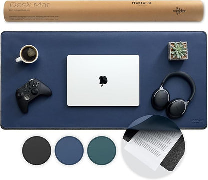 Nordik Felt and Leather Desk Mat Non - Slip - Blue - 35 X 17 Inch - Felt and Vegan Leather Desk Pad - Document Organizers - Desk Blotter and Desktop Mat - Desk Protector Laptop Desk Matt for Desktop | Desk Pads Blotters - TrueDesk