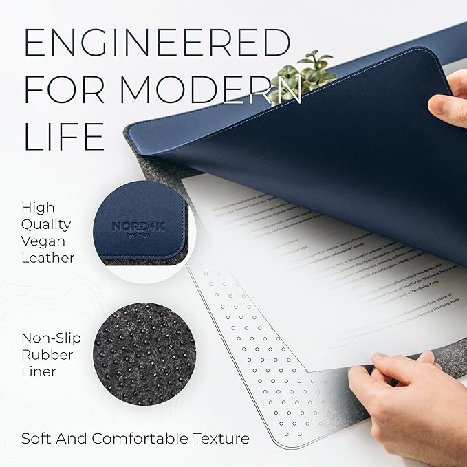 Nordik Felt and Leather Desk Mat Non - Slip - Blue - 35 X 17 Inch - Felt and Vegan Leather Desk Pad - Document Organizers - Desk Blotter and Desktop Mat - Desk Protector Laptop Desk Matt for Desktop | Desk Pads Blotters - TrueDesk