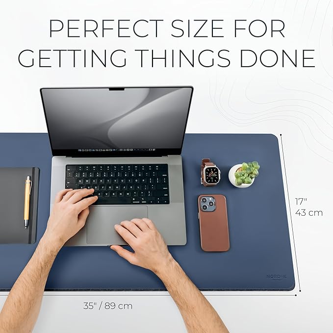 Nordik Felt and Leather Desk Mat Non - Slip - Blue - 35 X 17 Inch - Felt and Vegan Leather Desk Pad - Document Organizers - Desk Blotter and Desktop Mat - Desk Protector Laptop Desk Matt for Desktop | Desk Pads Blotters - TrueDesk