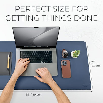 Nordik Felt and Leather Desk Mat Non - Slip - Blue - 35 X 17 Inch - Felt and Vegan Leather Desk Pad - Document Organizers - Desk Blotter and Desktop Mat - Desk Protector Laptop Desk Matt for Desktop | Desk Pads Blotters - TrueDesk