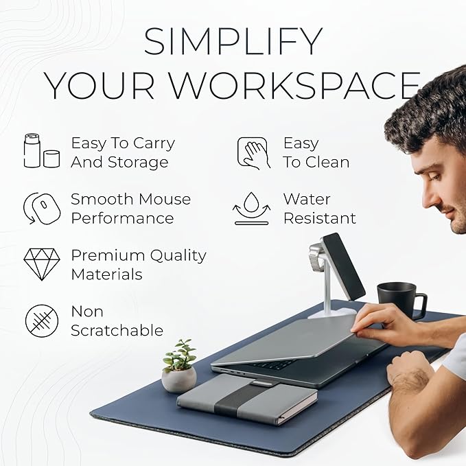 Nordik Felt and Leather Desk Mat Non - Slip - Blue - 35 X 17 Inch - Felt and Vegan Leather Desk Pad - Document Organizers - Desk Blotter and Desktop Mat - Desk Protector Laptop Desk Matt for Desktop | Desk Pads Blotters - TrueDesk