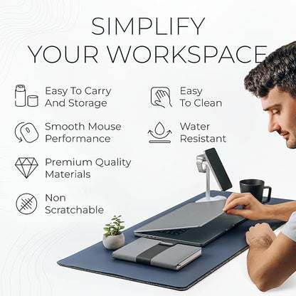 Nordik Felt and Leather Desk Mat Non - Slip - Blue - 35 X 17 Inch - Felt and Vegan Leather Desk Pad - Document Organizers - Desk Blotter and Desktop Mat - Desk Protector Laptop Desk Matt for Desktop | Desk Pads Blotters - TrueDesk
