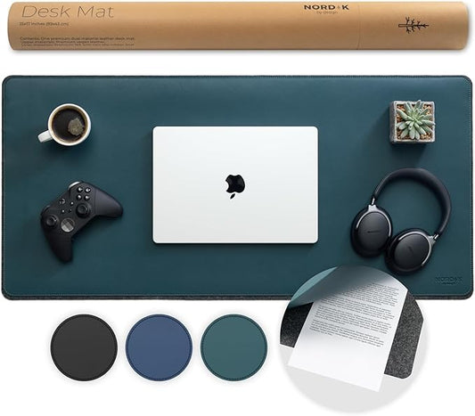 Nordik Felt and Leather Desk Mat Non - Slip - Green - 35 X 17 Inch - Dual Layer - Felt and Vegan Leather Desk Pad - Document Organizers - Blotter and Desktop Mat - Protector Laptop Matt for Desktop | Desk Pads Blotters - TrueDesk