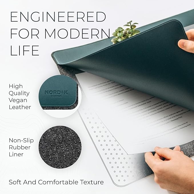 Nordik Felt and Leather Desk Mat Non - Slip - Green - 35 X 17 Inch - Dual Layer - Felt and Vegan Leather Desk Pad - Document Organizers - Blotter and Desktop Mat - Protector Laptop Matt for Desktop | Desk Pads Blotters - TrueDesk