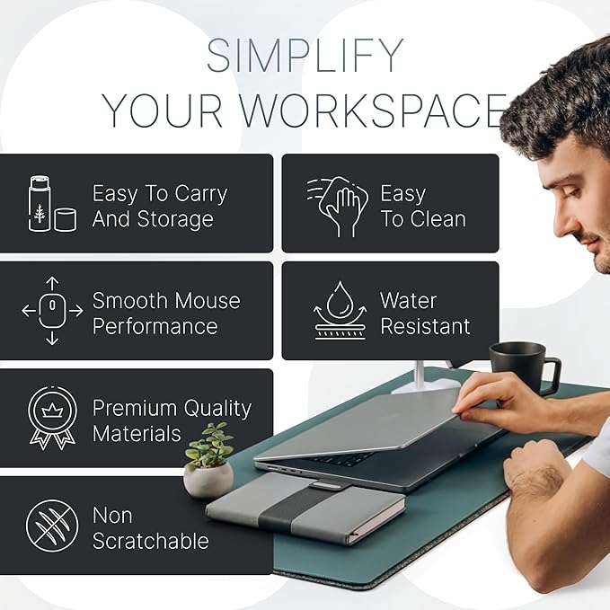 Nordik Felt and Leather Desk Mat Non - Slip - Green - 35 X 17 Inch - Dual Layer - Felt and Vegan Leather Desk Pad - Document Organizers - Blotter and Desktop Mat - Protector Laptop Matt for Desktop | Desk Pads Blotters - TrueDesk